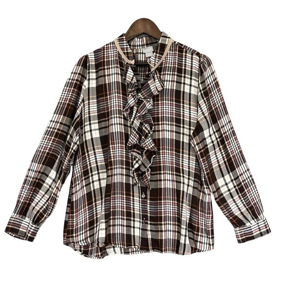 Chico's Shirt Top Women Size L (2) Brown‎ Plaid 100% Rayon Ruffle Western - Picture 1 of 13